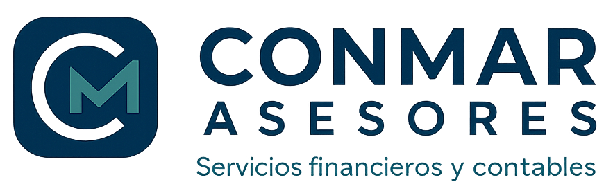 Logotipo de ConMar Asesores en color azul con Isotipo de inciales en un recuadro redoneado